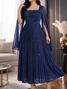 Modelyn Plus Size Women's Shiny Square Neck Pleated Casual Party Dress - Royal Blue - View 6