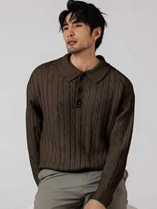 Manfinity Homme Men's Cable Knit Long Sleeve Polo Collar Casual Versatile Sweater - Black - View 4