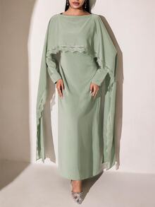Veilorie 女款優雅蕾絲拼接洋裝，適合派對晚餐正式場合，鼠尾草綠，秋季 - 綠色 - 查看 3