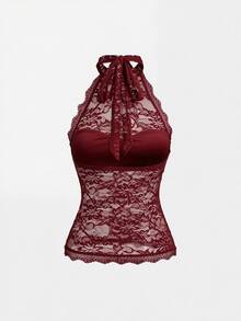 Sweetra Women's Lace Semi-Sheer Back Tie Halter Tank Top, Minimalist Sexy Elegant Style - Burgundy - View 2