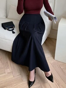 Modelyn Rok Lipit Elegan Pinggang Tinggi Warna Polos untuk Wanita Ukuran Plus - Navy Blue - View 5