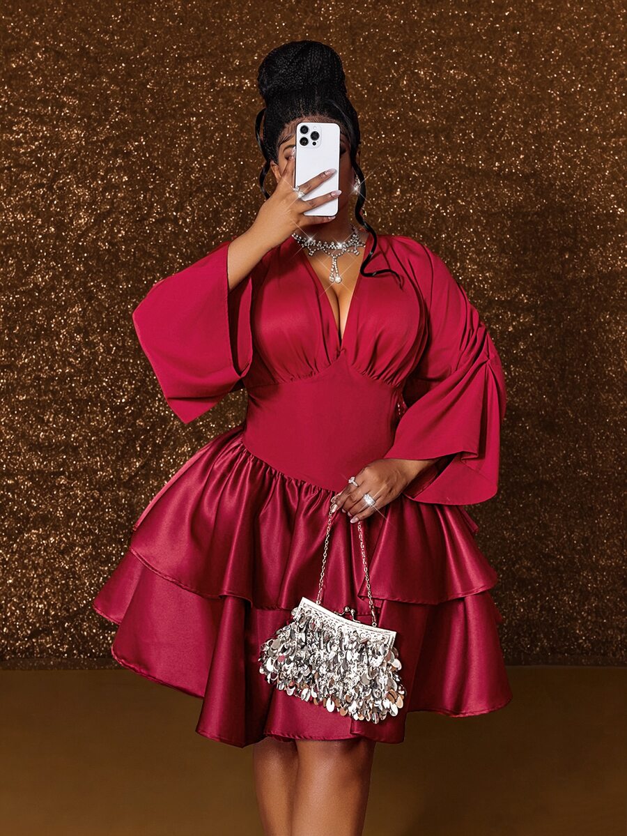 Maweii Plus Size Elegant Princess Style V-Neck Long Sleeve Puff Skirt Cinched Waist Short Women's Dress Fall - Red - View 1