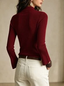 SHEIN 女款素色休閒百搭日常穿著長袖針織衫 - 酒紅色 - 查看 2