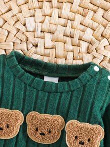 SHEIN 2件組韓式羅紋刷毛質感新生兒嬰兒套裝 卡通熊刺繡衛衣長褲套裝 可愛時尚紅色秋季日系風 - 墨綠色 - 查看 5