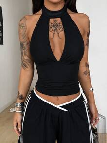 Coolane 女款夏秋休閒外出優雅健身瑜伽彈性V領掛脖黑色背心 - 黑色 - 查看 8