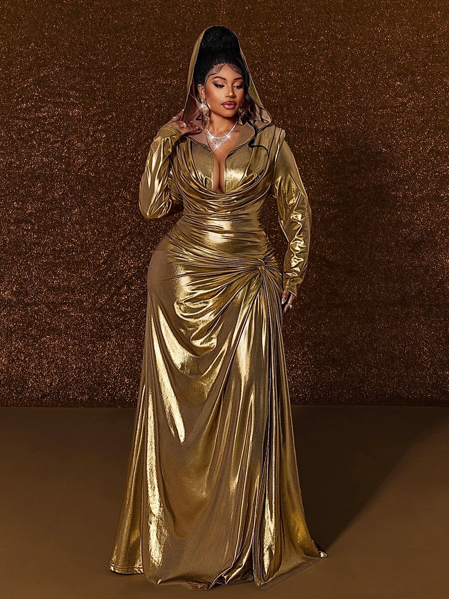 Maweii Plus Size Hooded Ruched Slimming Long Sleeve Elegant Banquet Dress - Gold - View 1