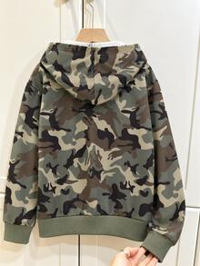 SHEIN Tween Boy Solid Color Hooded Zip-Up Casual Daily Wear Sweatshirt Autumn Fall - Army Green - View 2