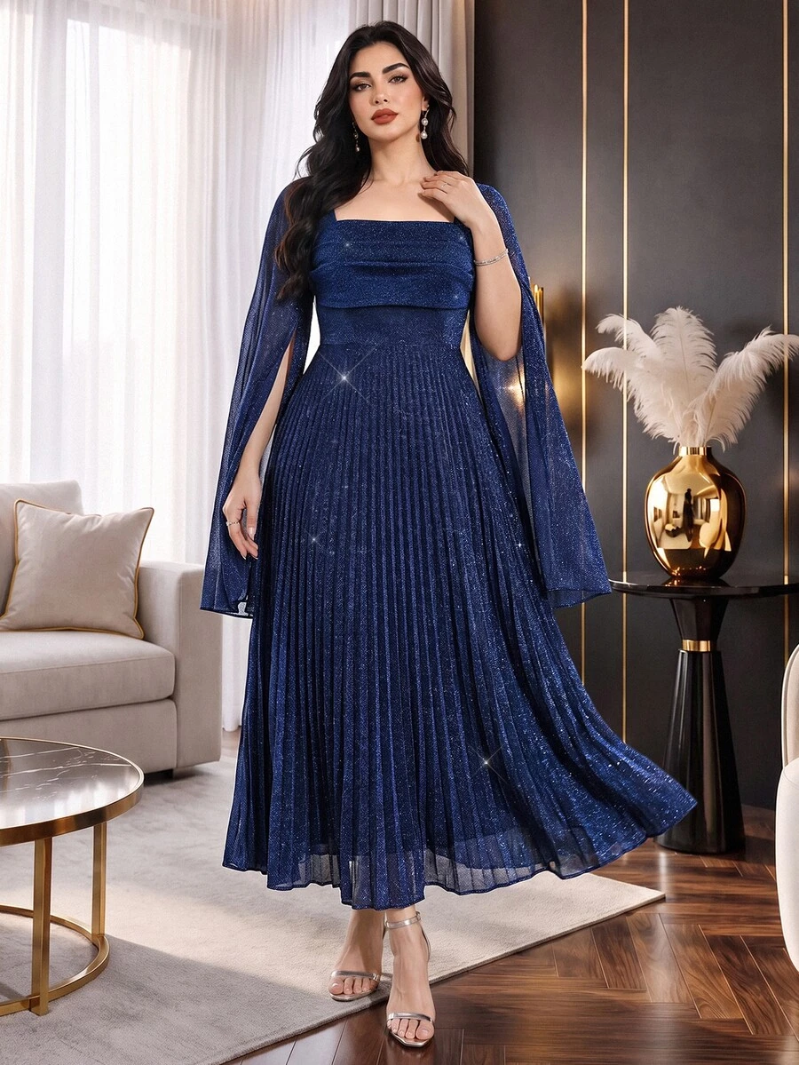 Modelyn Plus Size Women's Shiny Square Neck Pleated Casual Party Dress - Royal Blue - View 1