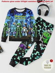 Tween Boys Pajamas 2-Piece Set, Autumn/Winter New Hot-Selling Cool Pattern All-Over Print With Positioned Graphic, Contrast Collar, Cuffs And Hem, High Elasticity Crew Neck Long Sleeve Top And Long Pants, Snug Fit, 1 Set, Size Runs Small, Please Order One Size Up - Black - View 4