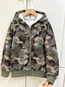 SHEIN Tween Boy Solid Color Hooded Zip-Up Casual Daily Wear Sweatshirt Autumn Fall - Army Green - View 1