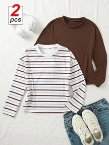 Tween Girl Round Neck Long Sleeve Casual Versatile T-Shirt - Brown - View 3
