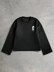 ROMWE MEN Men's Loose Fit Long Sleeve T-Shirt With Character Print Pattern - Black - View 2