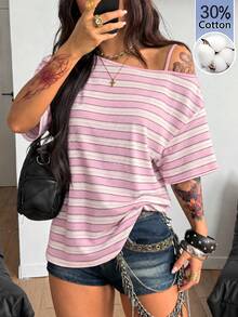 Coolane 女款露肩條紋休閒日常穿著T恤 - 粉色 - 查看 5