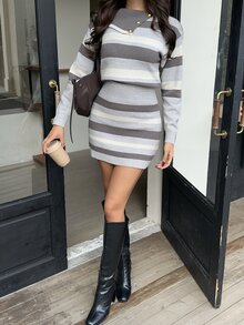 Autumina Slouchy Collared Contrast Striped Women's Sweater Dress - Multicolor - View 5