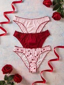 Elorette 3pcs Pink High Elasticity Printed Ruffle Edge Sweet & Cute Women's Triangle Panties - Multicolor - View 1