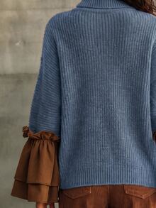 LUMIGAL 女款粗針條紋高領寬鬆套頭毛衣，拼接雙層荷葉邊喇叭袖口與蝙蝠袖設計 - 彩色 - 查看 3