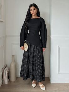 Veilorie Setelan Kasual 2 Potong Wanita: Atasan Lengan Panjang Warna Polos dan Rok Motif Polkadot - Hitam - View 5