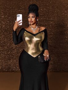 Maweii Plus Size Sexy Fitted Off-Shoulder Long Sleeve Colorblock Patchwork Evening Dress - Black - View 2