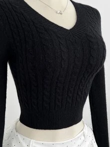 Elamini Sweater Rajut Kabel Leher V Pas Badan Kasual Serbaguna untuk Wanita, Pakaian untuk Perjalanan Sehari-hari, Musim Gugur/Dingin - Hitam - View 7