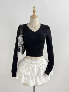 Elamini Sweater Rajut Kabel Leher V Pas Badan Kasual Serbaguna untuk Wanita, Pakaian untuk Perjalanan Sehari-hari, Musim Gugur/Dingin - Hitam - View 1