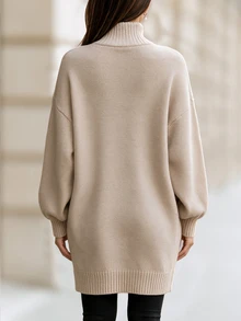 Balvessa Minimalist Commuter Loose Drop Shoulder Lantern Sleeve V-Neck Cardigan & High Neck Slim Fit Sleeveless Vest Layering Sweater 2 Pieces Set For Women - Apricot - View 2