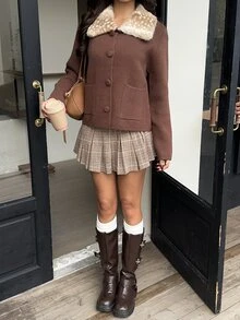Autumina Brown Coffee Spotted Fur Collar Single-Breasted Pocket Knit Cardigan - Brown - View 5