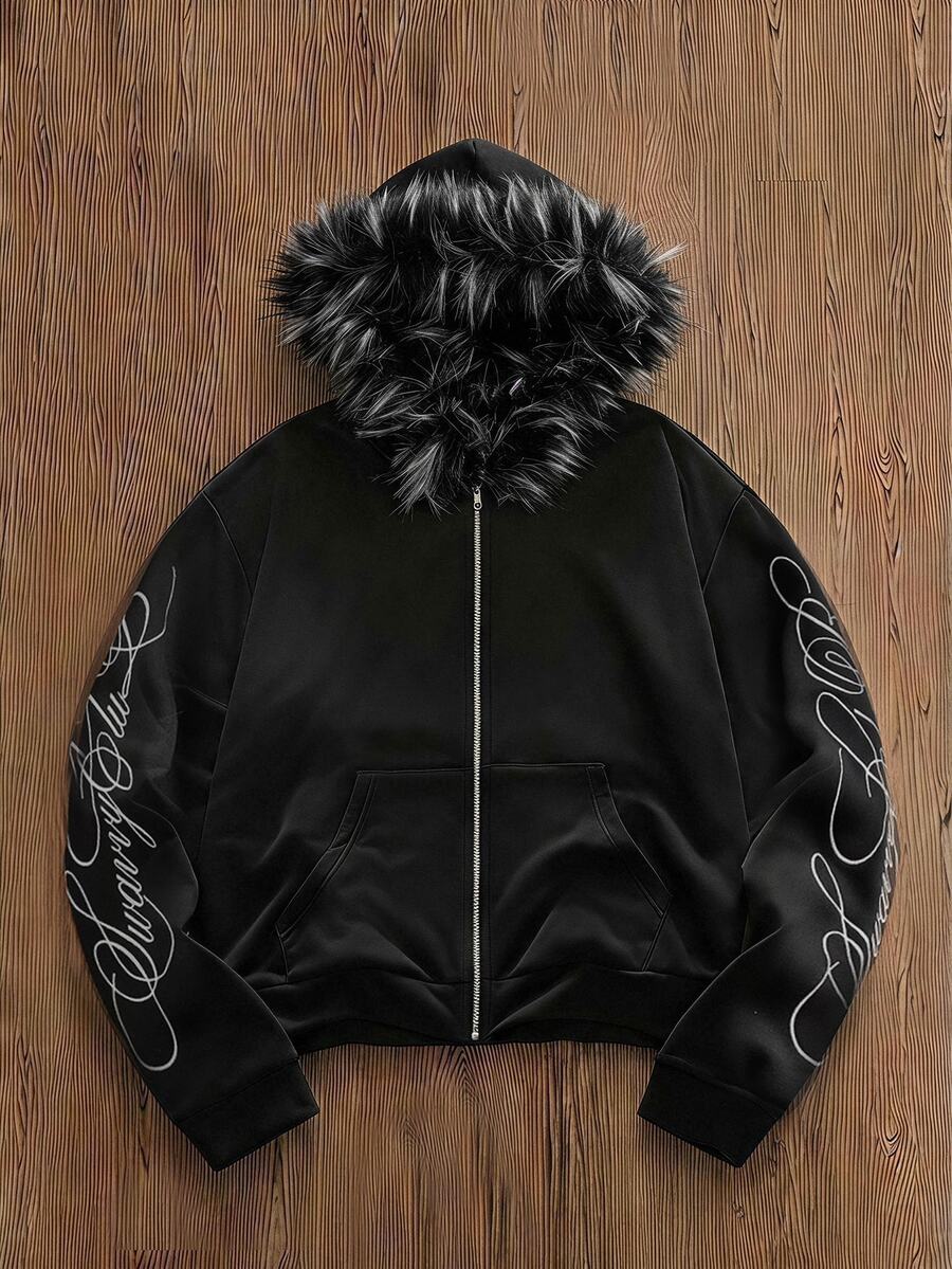 SWAVVY Men's Knitted Fashion Casual Loose Fit Long Sleeve Hoodie With English Embroidery - Black - View 1