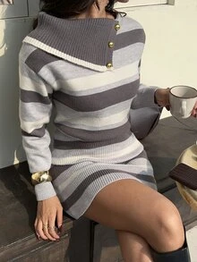 Autumina Slouchy Collared Contrast Striped Women's Sweater Dress - Multicolor - View 6