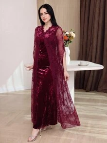 Modelyn فستان طويل دانتيل مثير للمواعيد والحفلات للنساء - أحمر بنفسجي - مشاهدة 5