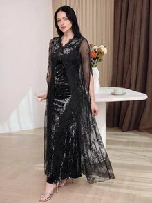 Modelyn 女款蕾絲性感約會派對長洋裝 - 黑色 - 查看 7