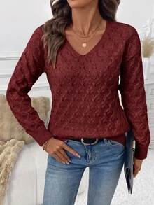 SHEIN Clasi 女款純色鏤空V領落肩長袖休閒針織衫 - 酒紅色 - 查看 1