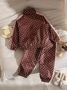 SHEIN Genkimix Kids 女童蝴蝶結波點外套套裝，棕色 2 件組，秋冬款，時尚織帶裝飾立領拉鍊夾克與休閒長褲 - 棕色 - 查看 2
