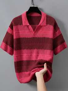 Manfinity Homme Men's Colorblock Short Sleeve Casual Hollow Knit Top - Red - View 8