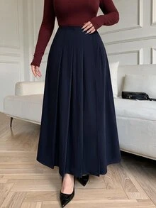 Modelyn Rok Lipit Elegan Pinggang Tinggi Warna Polos untuk Wanita Ukuran Plus - Navy Blue - View 3