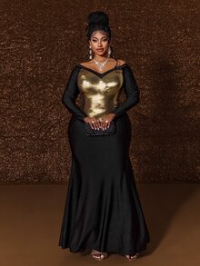 Maweii Plus Size Sexy Fitted Off-Shoulder Long Sleeve Colorblock Patchwork Evening Dress - Black - View 3