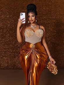 Maweii Gaun Malam Pas Badan Berpayet Elegan Ukuran Plus untuk Wanita, Pesta Liburan - Jeruk - View 2