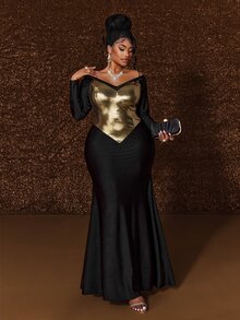 Maweii Plus Size Sexy Fitted Off-Shoulder Long Sleeve Colorblock Patchwork Evening Dress - Black - View 4