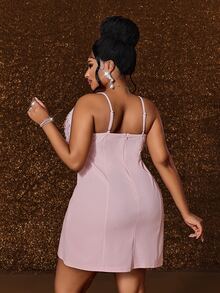 Maweii Plus Size Pink Sexy Fur Collar Sleeveless Spaghetti Strap Bodycon Slimming Dress - Pink - View 6