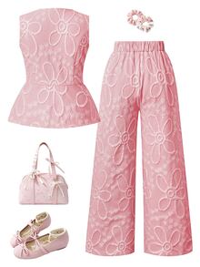 SHEIN Tween Girls 2pcs/Set : Blue Tank Top And Pants, Children's Casual Elegant White Glossy Jacquard Pearl Button Cardigan With Long Pants... - Pink - View 2