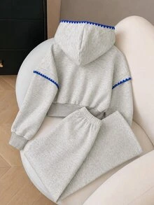 SHEIN 青少年女孩休閒運動時尚針織純色字母圖案連帽上衣與長褲運動衫兩件套，適合學校、生日，淺灰色 - 灰色 - 查看 2