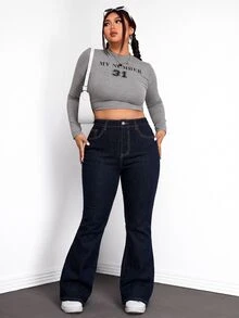 SHEIN EZwear 大尺碼女款高腰口袋休閒喇叭牛仔褲 - 藏蓝色 - 查看 5