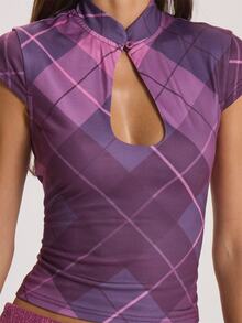 MUSERA Keyhole Cutout High Neck Checkered Top Winter Fall Cute Everyday Coolgirl Mullburn Hill - Purple - View 6
