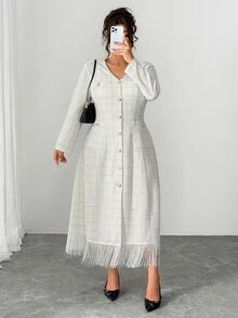 Elenzga Plus Size Single-Breasted Tassel Hem Long Sleeve Cinched Waist A-Line Dress - Beige - View 6