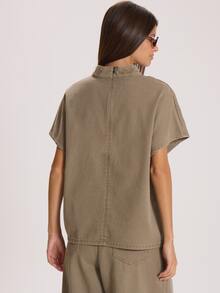MUSERA High Neck Button Detail Loose Fit Short Sleeve Top Winter Fall Cute Everyday Coolgirl Mullburn Hill - Green - View 4