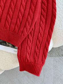 SHEIN Tween Girl Casual Solid Color Dropped Shoulder Loose Textured Knit Cropped Sweater, Autumn/Winter Kids - Red - View 4