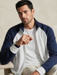 Lornavo Men's Colorblock Raglan Long Sleeve Zip-Up Casual Basic Sweatshirt Beach Vacation White And Navy - Blue and White - View 7