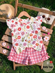 Young Girl 1 Pc Ditsy Floral Ladybug Print Ruffle Sleeve Top Summer Holiday Outfits - Pink - View 1