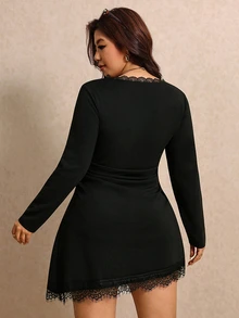 Elaquor Plus Size Women Solid Color Contrast Lace V-Neck Long Sleeve Fashion Dress - Black - View 2