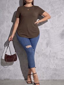 SHEIN Essnce Plus Size Minimalist Short Sleeve Side Slit T-Shirt For Daily Wear - Brown - View 4