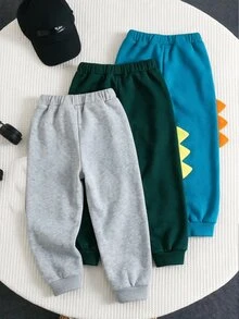 SHEIN 3件組小男孩兒童休閒可愛百搭簡約印花恐龍慢跑褲鬆緊腰運動長褲多件套百搭裝 - 彩色 - 查看 2